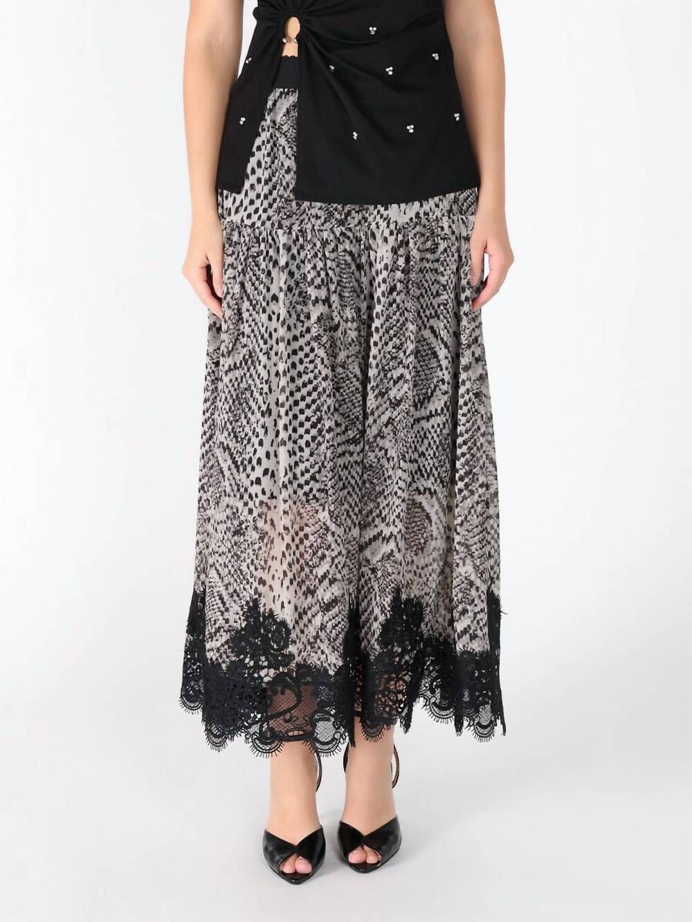 NEW GRACIA snake print lace skirt in black